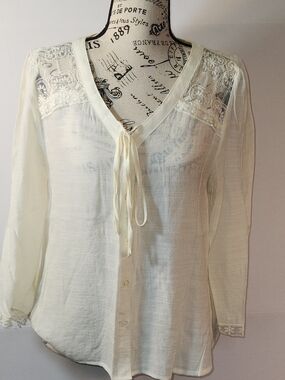 mine Cream Lace Yoke Button-Down Blouse